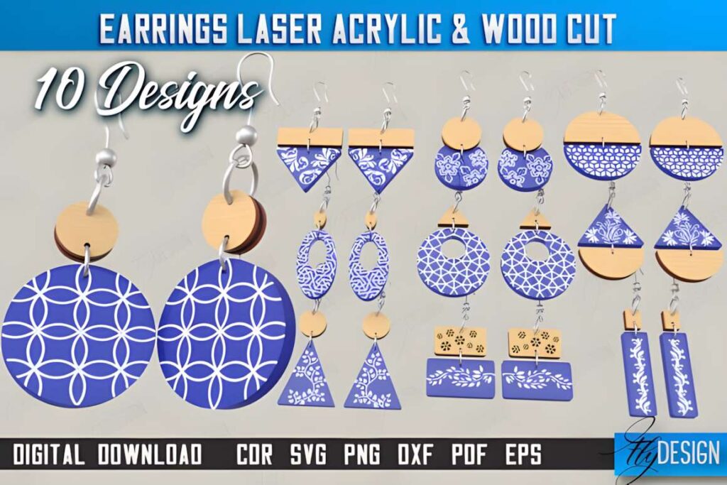 15 Laser Cut Acrylic Earring SVG Files 4 Laser cut acrylic earring SVG files showing 10 blue and wood cut earring designs with geometric and floral patterns