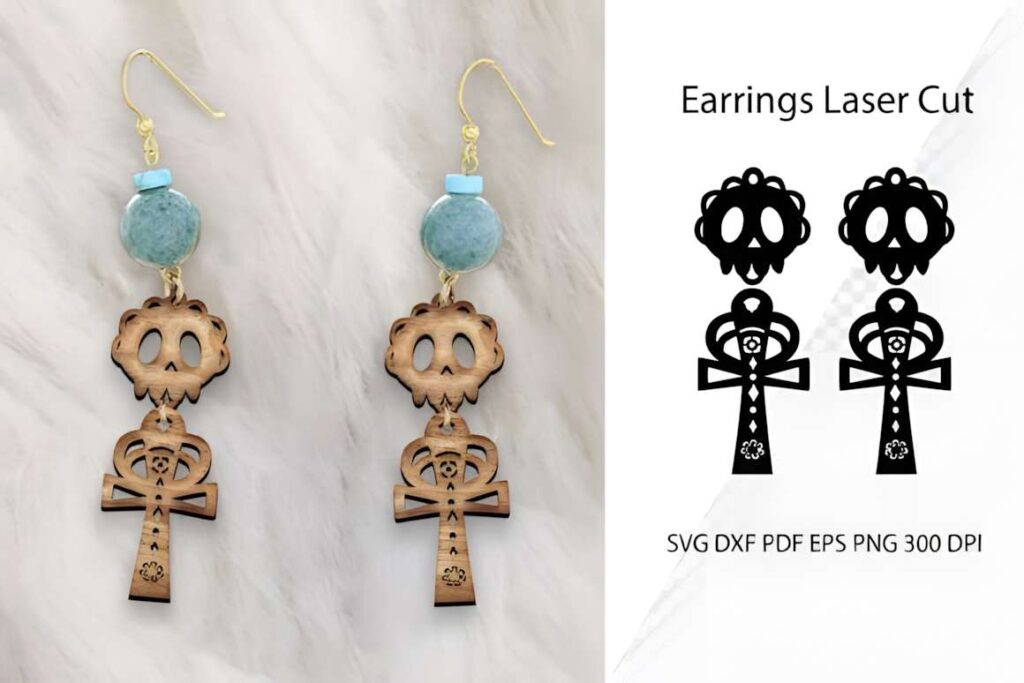 15 Laser Cut Acrylic Earring SVG Files 13 laser cut acrylic earring SVG files showing wooden ankh and skull designs with blue beads