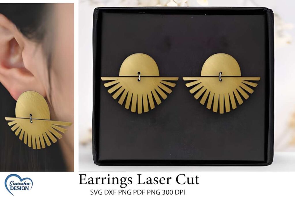 15 Laser Cut Acrylic Earring SVG Files 14 laser cut acrylic earring SVG files gold stud earrings with fan-shaped cutouts