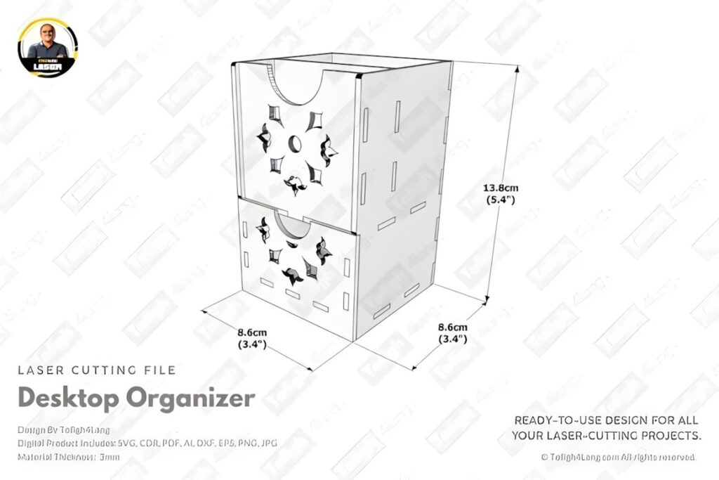 17 Laser Cut Desk Organizer Templates for DIY Laser Projects 39 laser cut desk organizer templates showing a 3D design with dimensions 13.8cm height and 8.6cm width and depth