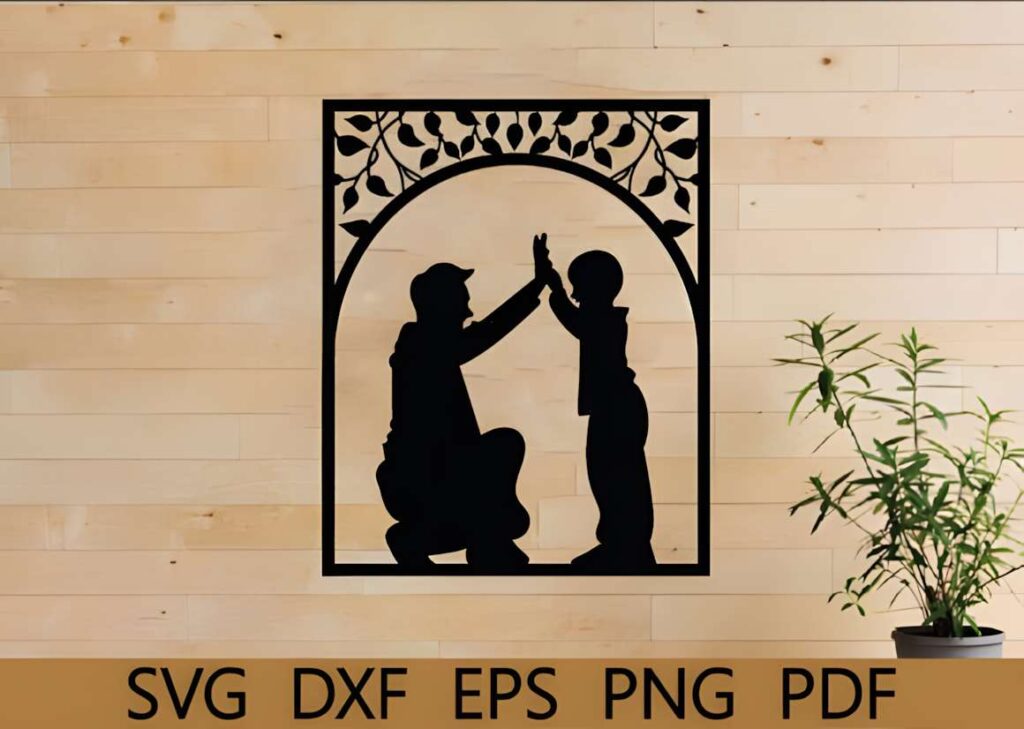 50 Laser Cut Steel Wall Art Ideas for Modern Home Decor 63 Laser cut steel wall art ideas showing father and child high five silhouette with decorative arch and leaves
