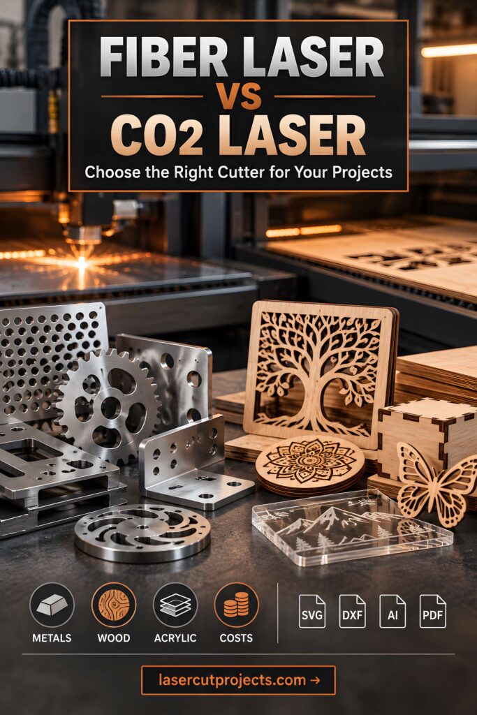 Fiber Laser vs CO2 Laser: Key Differences 1 Fiber laser vs CO2 laser differences shown with metal and wood laser-cut projects on a workbench