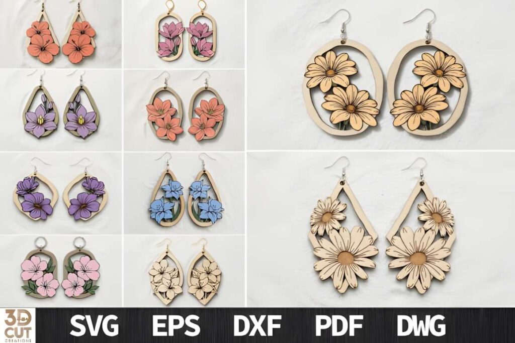 15 Laser Cut Acrylic Earring SVG Files 6 Laser cut acrylic earring SVG files featuring floral designs with petals and botanical shapes in various colors and styles