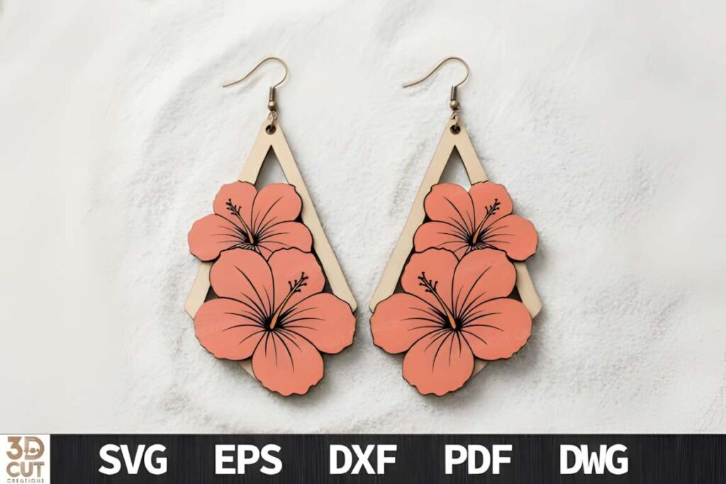 15 Laser Cut Acrylic Earring SVG Files 7 Laser cut acrylic earring SVG files featuring floral design with layered hibiscus flowers on geometric base