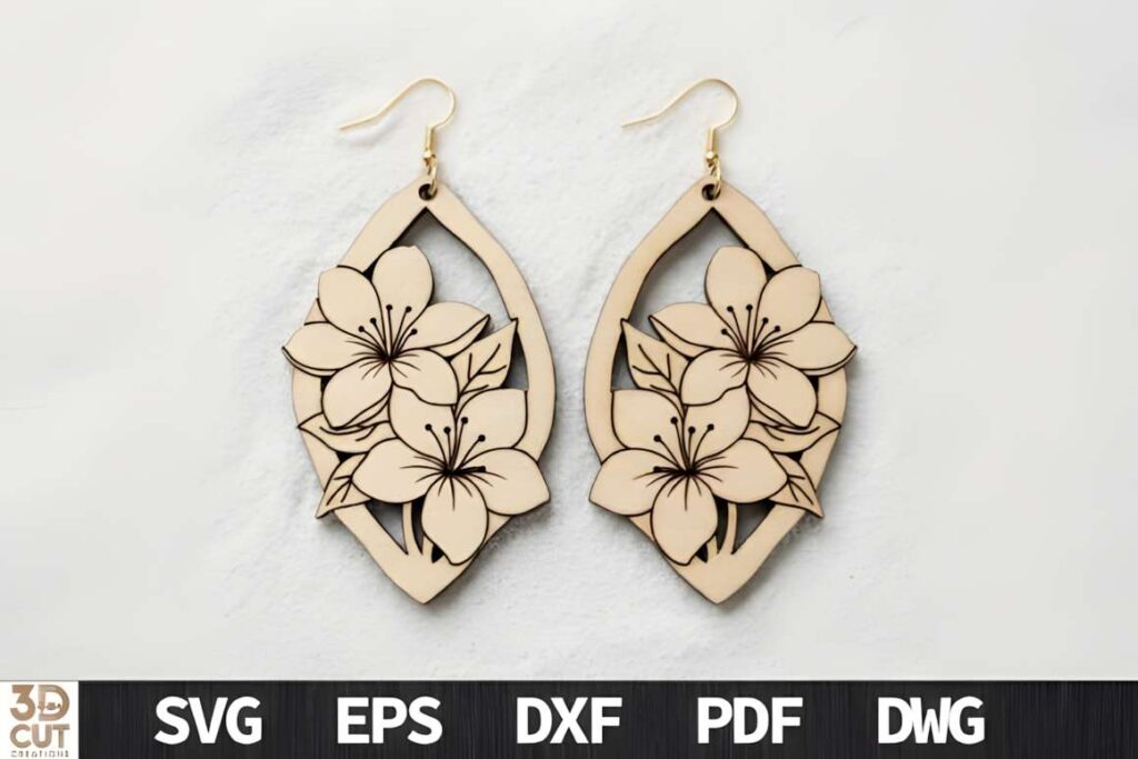 15 Laser Cut Acrylic Earring SVG Files 8 Laser cut acrylic earring SVG files featuring floral design with layered petals and botanical shapes