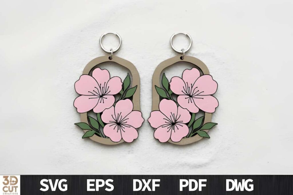 15 Laser Cut Acrylic Earring SVG Files 9 Laser cut acrylic earring SVG files featuring pink floral design with green leaves