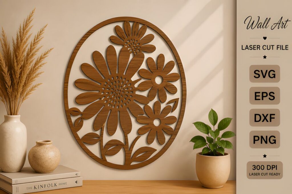 47 Laser Cut Wall Art Ideas for Stylish Home Interiors 7 Laser cut wall art ideas featuring a floral flower silhouette in a wooden oval frame on a beige wall