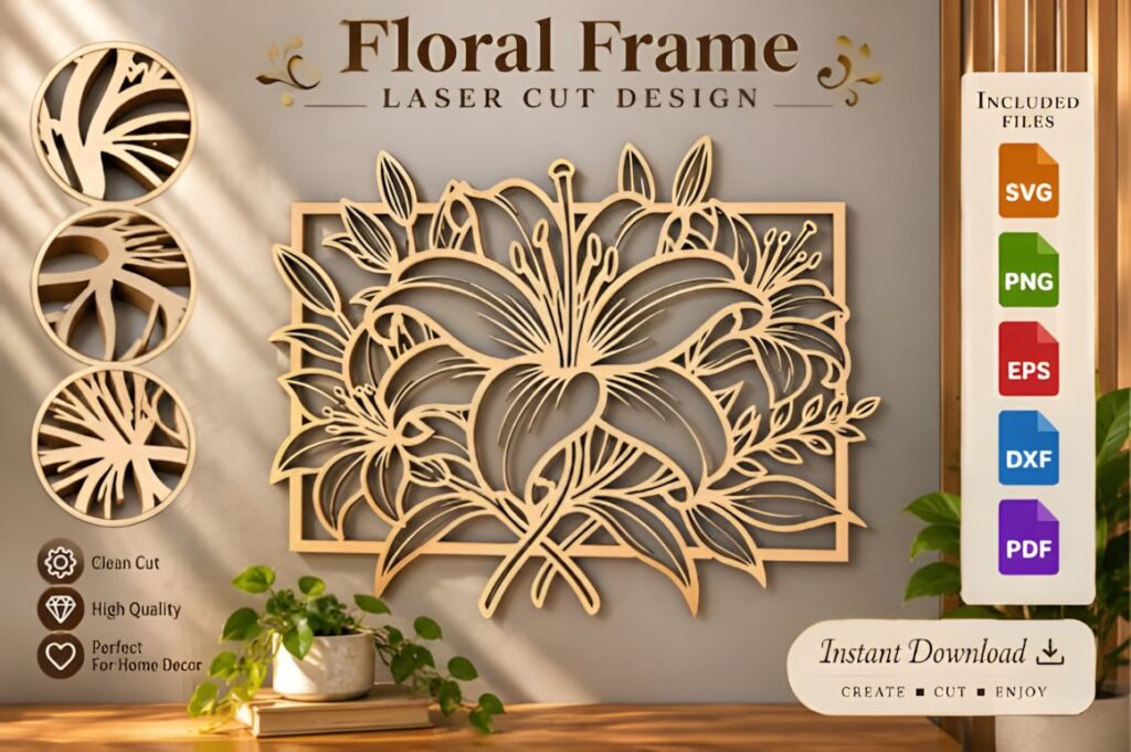 47 Laser Cut Wall Art Ideas for Stylish Home Interiors 24 Intricate floral frame laser cut wall art with flower and leaf details for stylish home interiors — laser cut wall art ideas