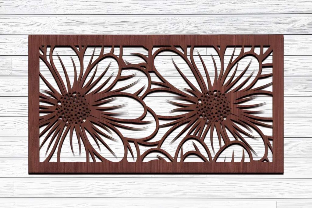 39 Outdoor Laser Cut Panels for Modern Outdoor Spaces 41 Outdoor laser cut panels with a floral design featuring large flower motifs in a rectangular wooden frame