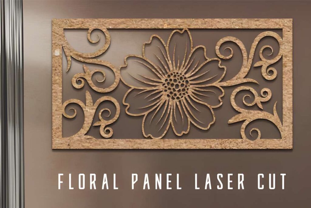 39 Outdoor Laser Cut Panels for Modern Outdoor Spaces 46 Floral outdoor laser cut panels with a large central flower and decorative swirls in a rectangular frame