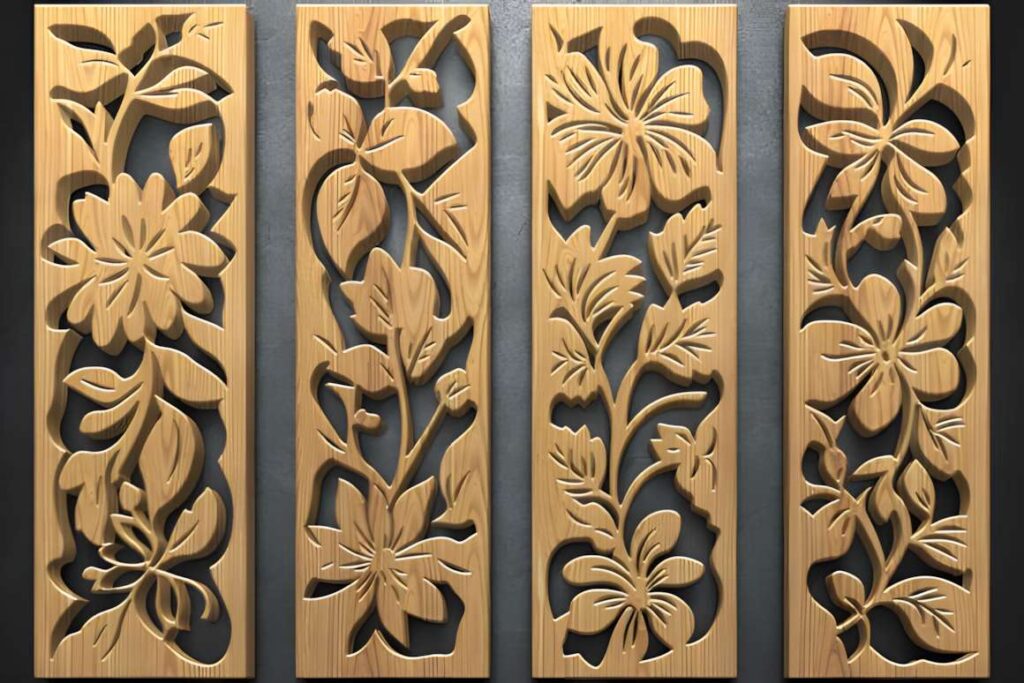 39 Outdoor Laser Cut Panels for Modern Outdoor Spaces 49 Four wooden outdoor laser cut panels with various floral designs for decorative use