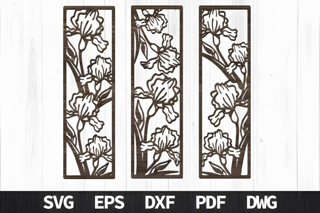 39 Outdoor Laser Cut Panels for Modern Outdoor Spaces 30 Three vertical outdoor laser cut panels with floral designs featuring large flowers and stems in dark metal finish