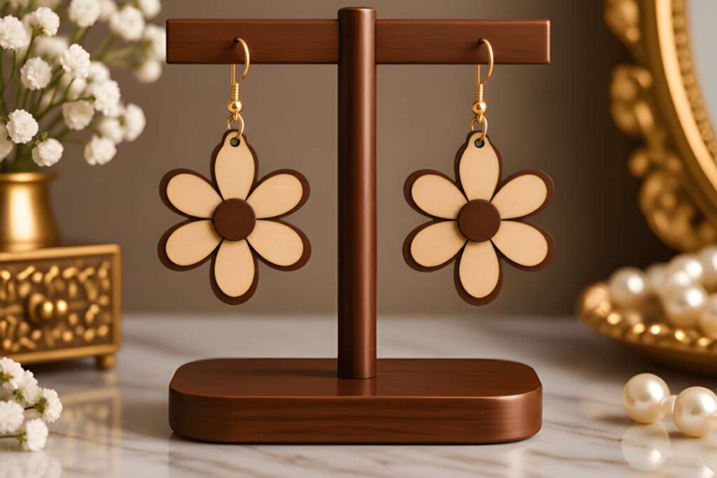 15 Laser Cut Acrylic Earring SVG Files 21 Laser cut acrylic earring SVG files showing flower-shaped earrings with brown and beige petals on a wooden stand
