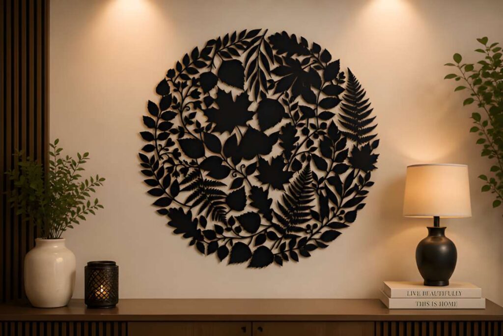 50 Laser Cut Steel Wall Art Ideas for Modern Home Decor 12 Laser cut steel wall art ideas featuring a circular forest botanical design with leaves and ferns