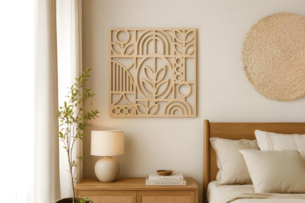 27 Laser Cut Wood Wall Art Ideas for Modern Home Decor 5 Laser cut wood wall art ideas featuring a geometric botanical wall panel in a modern bedroom setting