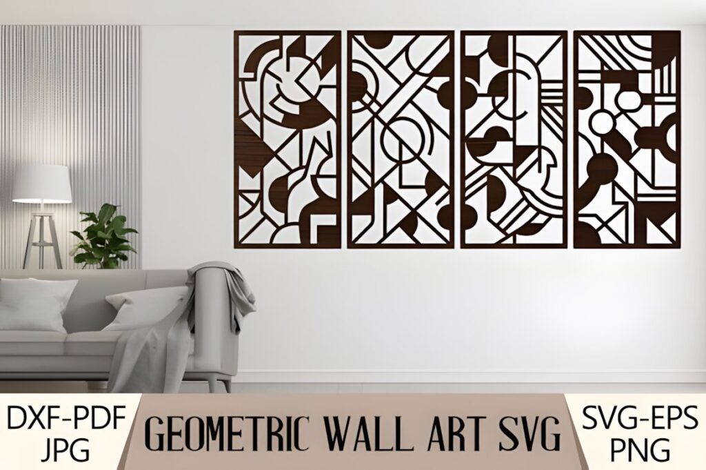 47 Laser Cut Wall Art Ideas for Stylish Home Interiors 3 Four-panel geometric laser cut wall art ideas with abstract shapes in a modern living room