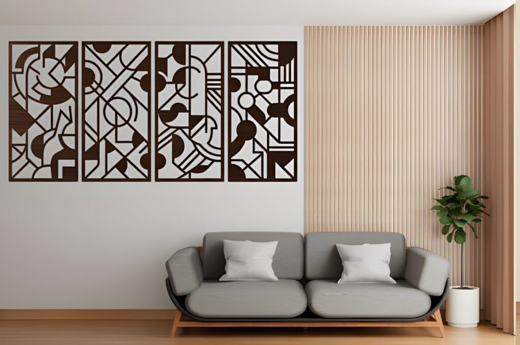47 Laser Cut Wall Art Ideas for Stylish Home Interiors 4 Four-panel geometric laser cut wall art ideas mounted above a modern gray sofa in a minimalist living room