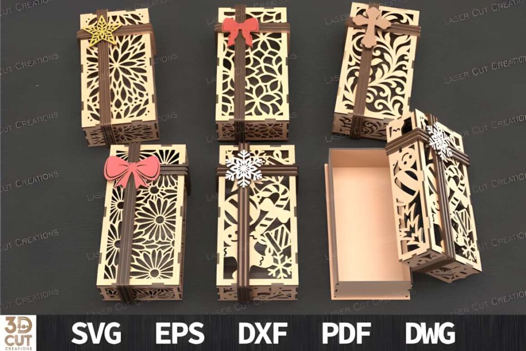 Gift Box Bundle Laser Cut SVG Set Six 3D laser cut files of decorative gift boxes with floral, leaf, geometric, snowflake, and cross patterns