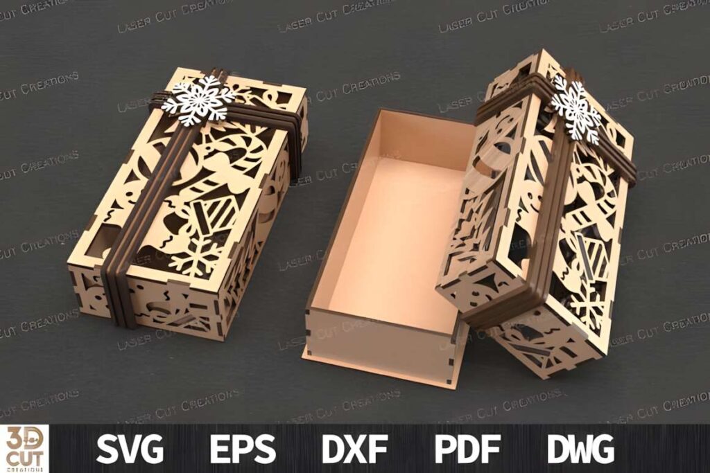 Gift Box Bundle Laser Cut SVG Set Poster 2 3D laser cut files showing two interlocking gift boxes with snowflake and geometric cutout patterns