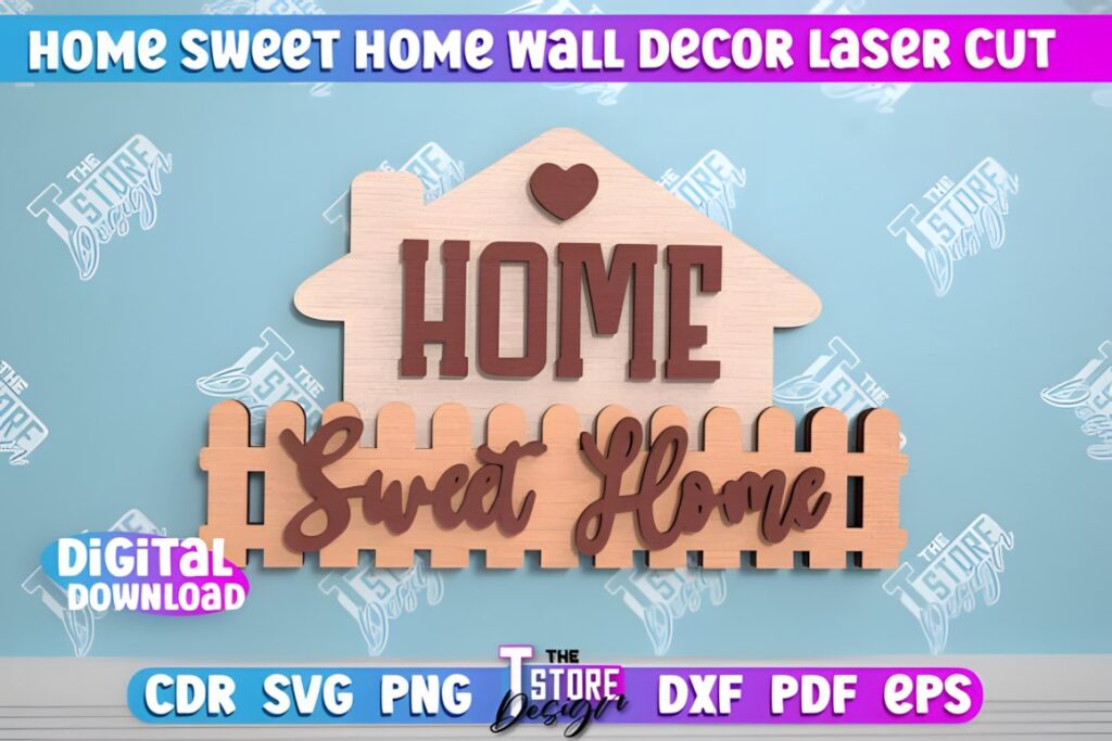 47 Laser Cut Wall Art Ideas for Stylish Home Interiors 46 Laser cut wall art ideas featuring a Home Sweet Home wooden wall décor with cut and engraved elements in farmhouse style