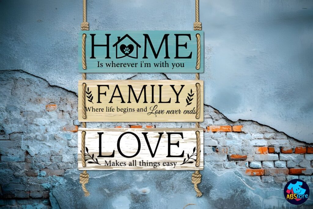 47 Laser Cut Wall Art Ideas for Stylish Home Interiors 38 Laser cut wall art ideas featuring a hanging wooden sign with HOME, FAMILY, and LOVE text on a textured brick wall