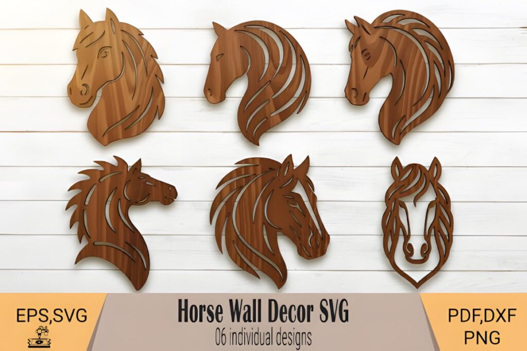 47 Laser Cut Wall Art Ideas for Stylish Home Interiors 67 Six laser cut wall art ideas featuring horse head designs with flowing linework in wood finish