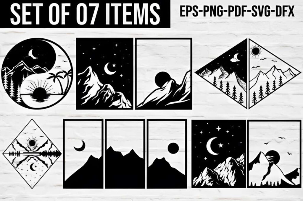 50 Laser Cut Steel Wall Art Ideas for Modern Home Decor 3 Set of 7 laser cut steel wall art ideas featuring mountain and celestial designs in black silhouette style
