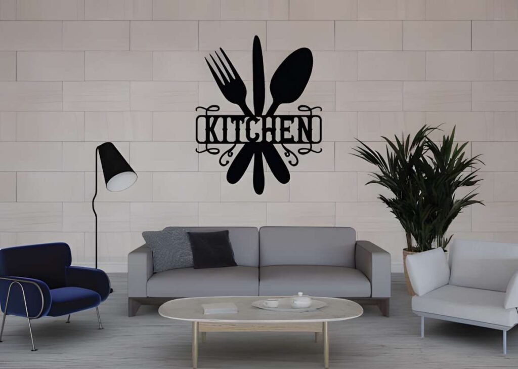 50 Laser Cut Steel Wall Art Ideas for Modern Home Decor 73 Laser cut steel wall art ideas featuring kitchen utensils design mounted on white tiled wall above sofa