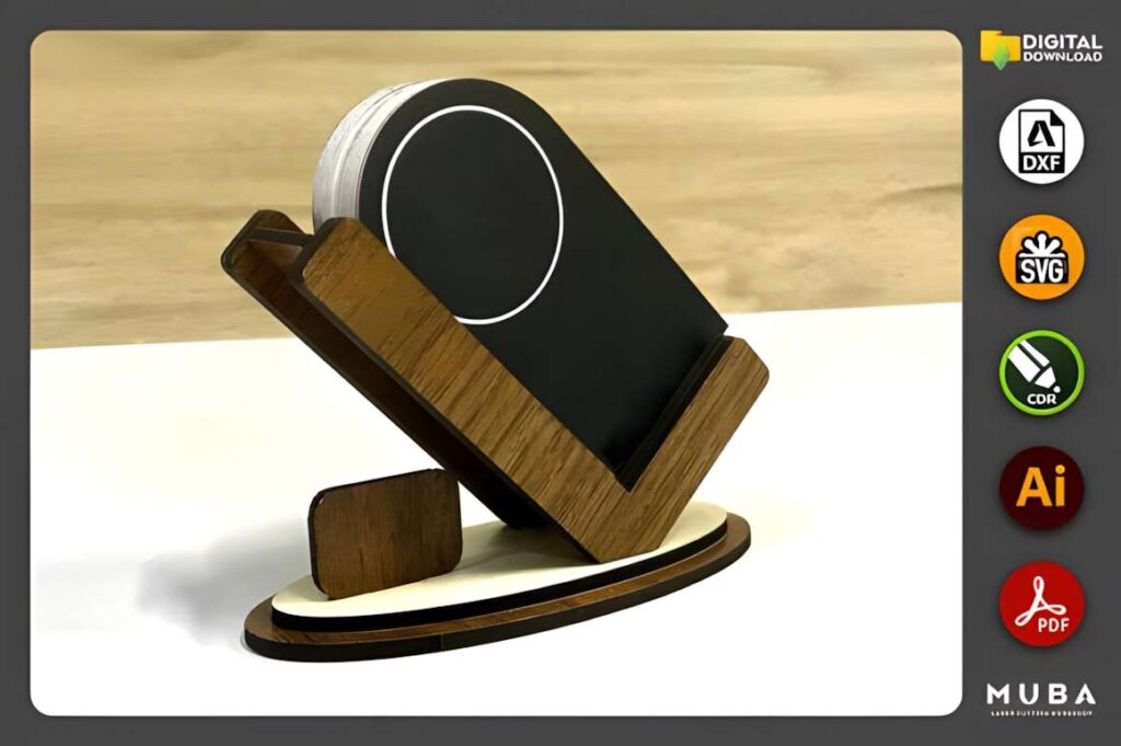 15 Laser Cut Business Card Holder SVG Files 15 Laser cut business card holder made of wood with an oval base and angled slot for cards