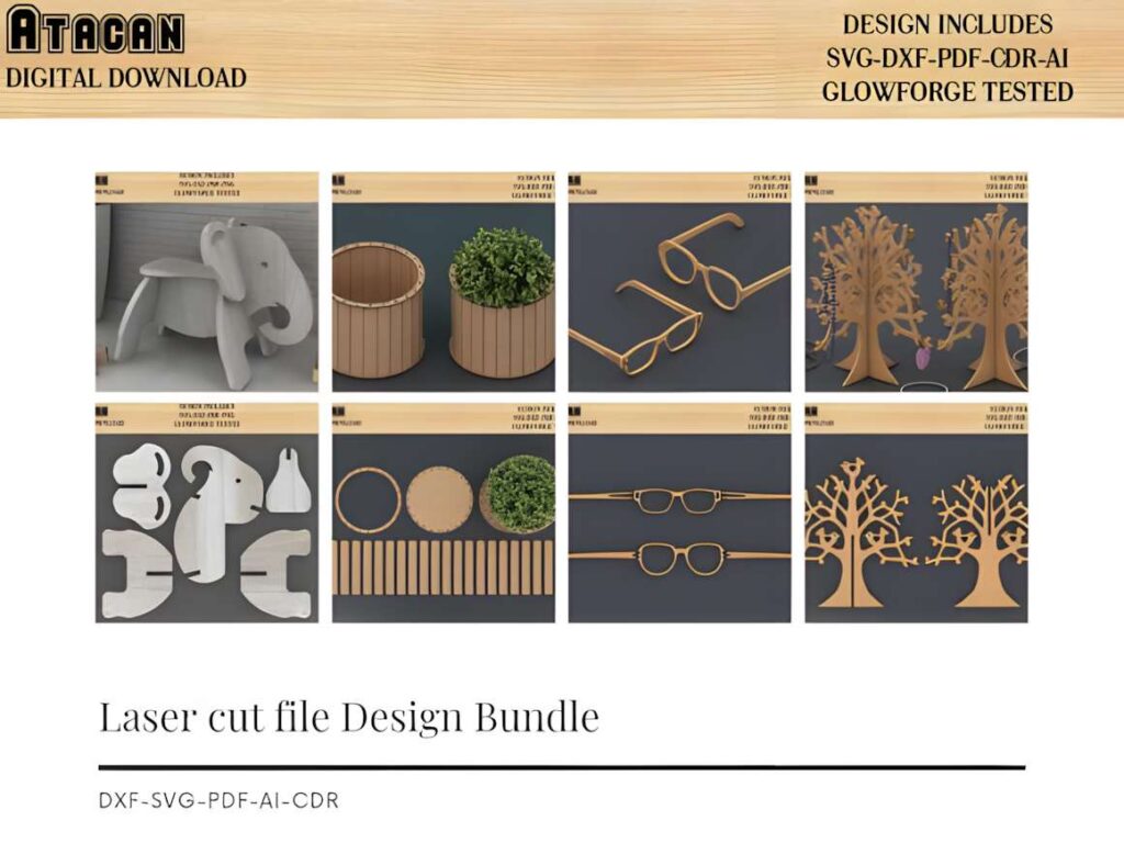 Laser Cut 3D Models Wooden DIY Puzzle 3D laser cut files showing various assembled models including elephant, plant pot, glasses, and tree designs