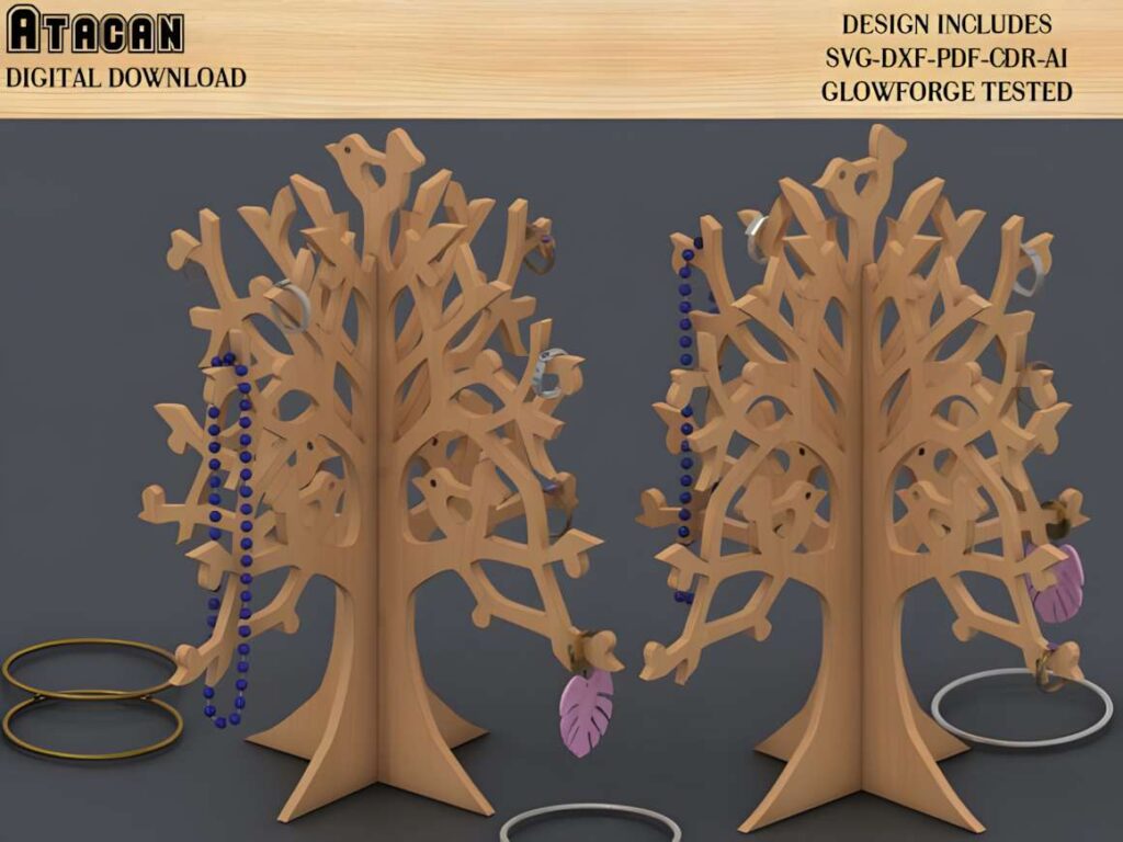Laser Cut 3D Models Wooden DIY Puzzle Poster 8 3D laser cut files showing a wooden tree-shaped jewelry holder with hanging rings and beads