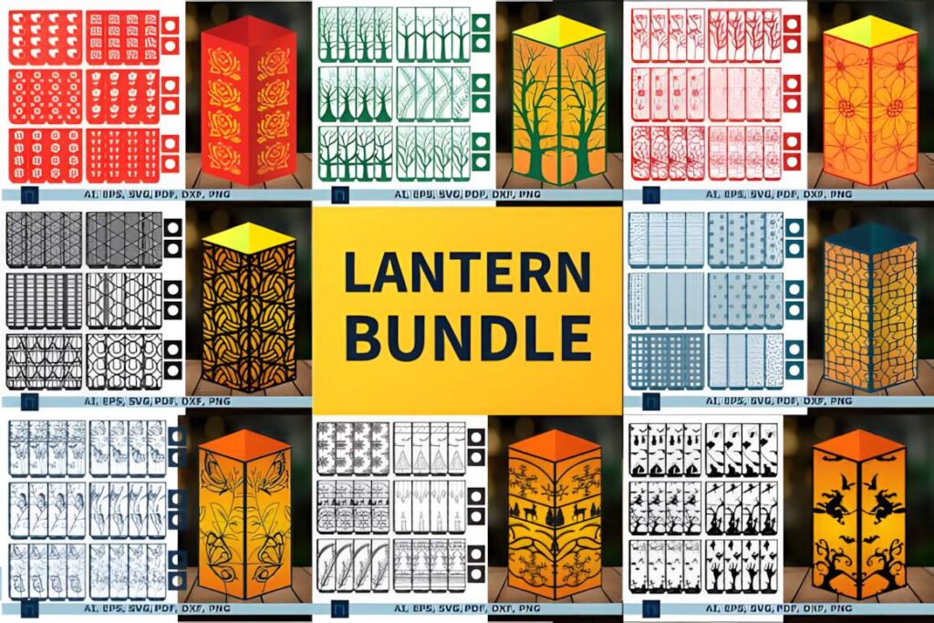 Laser Cut 3d Lantern SVG Mega Bundle 3D laser cut files showing various colorful lantern designs in multiple file formats including SVG, PNG, DXF, AI, EPS, and