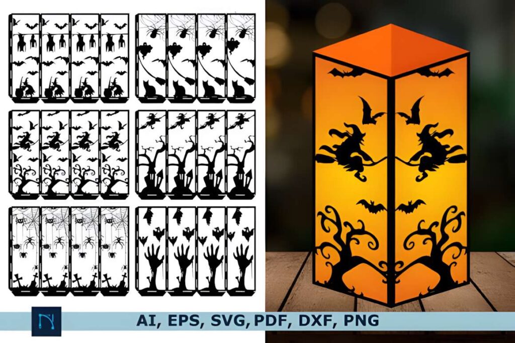 Laser Cut 3d Lantern SVG Mega Bundle Poster 2 3D laser cut files showing Halloween-themed lantern designs with witches, bats, zombies, and spooky trees in multiple file
