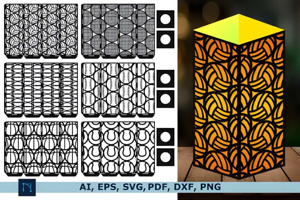 Laser Cut 3d Lantern SVG Mega Bundle Poster 5 3D laser cut files showing six intricate black lantern panel designs and a lit assembled lantern with geometric patterns
