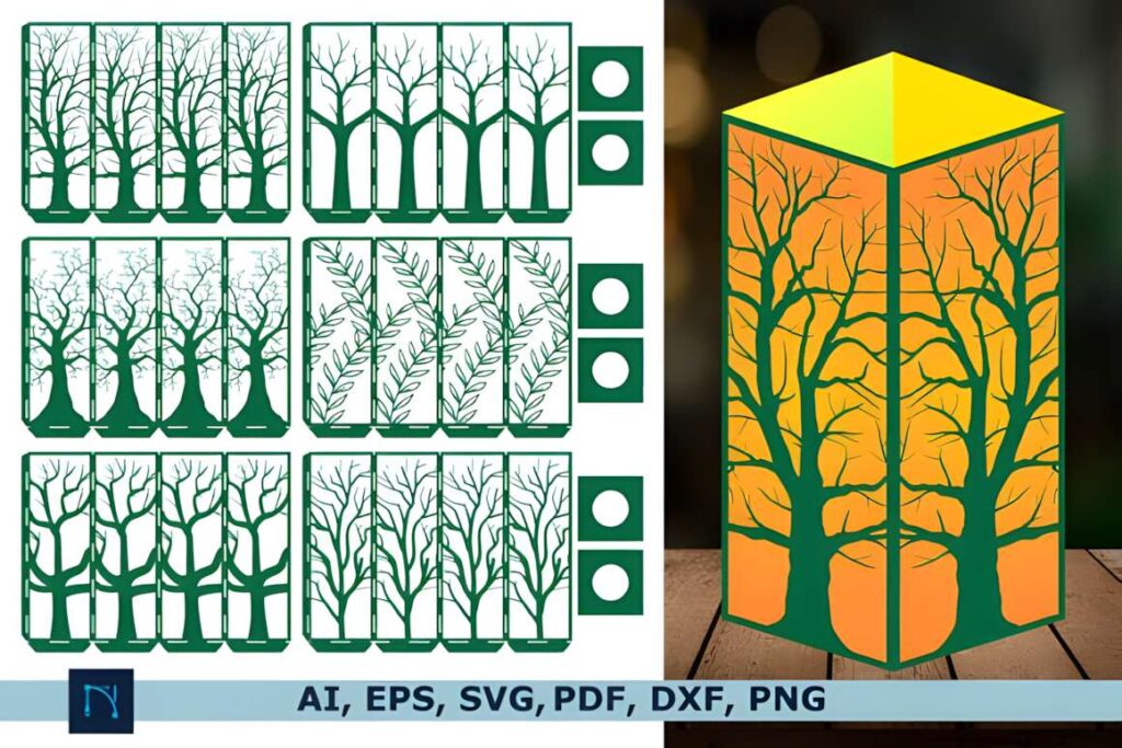 Laser Cut 3d Lantern SVG Mega Bundle Poster 7 3D laser cut files showing tree designs for a lantern in AI, EPS, SVG, PDF, DXF, PNG formats
