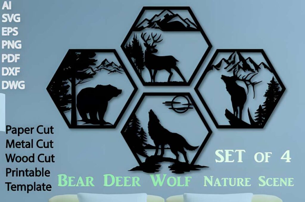 50 Laser Cut Steel Wall Art Ideas for Modern Home Decor 47 Laser cut steel wall art ideas featuring bear, deer, and wolf in four hexagonal metal wildlife scenes