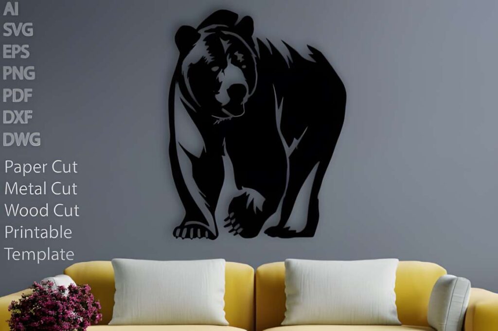 50 Laser Cut Steel Wall Art Ideas for Modern Home Decor 46 Laser cut steel wall art ideas featuring a bold black bear silhouette mounted on a gray wall above a yellow sofa