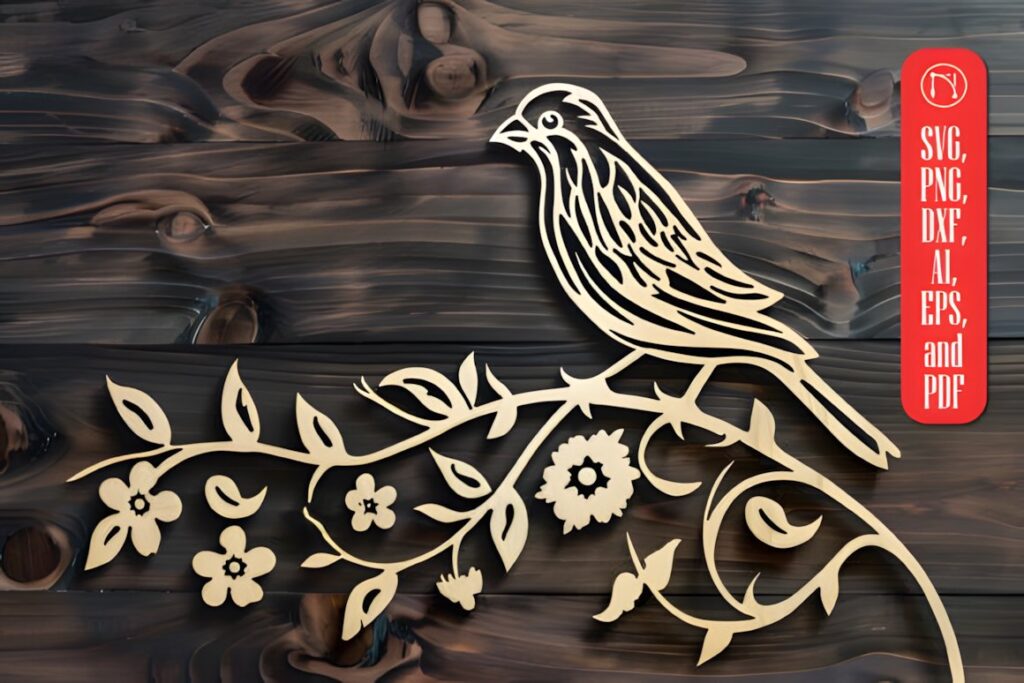 47 Laser Cut Wall Art Ideas for Stylish Home Interiors 49 Laser cut wall art ideas featuring a bird silhouette perched on a floral branch with intricate cutout details
