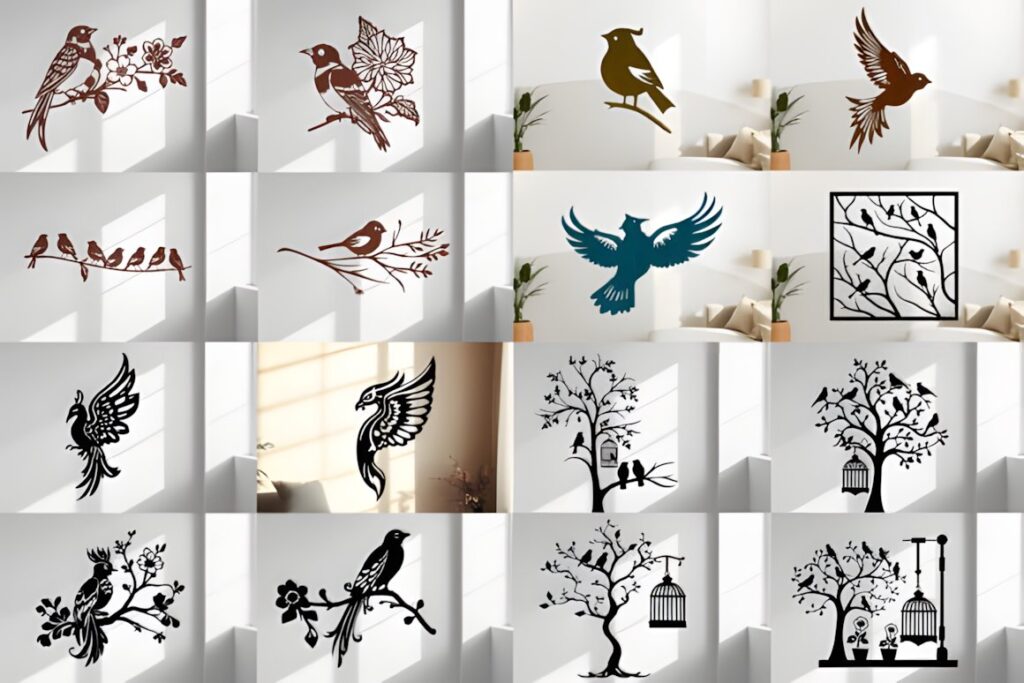 27 Laser Cut Wood Wall Art Ideas for Modern Home Decor 40 Laser cut wood wall art ideas featuring bird silhouettes and tree designs in various styles and poses on white walls