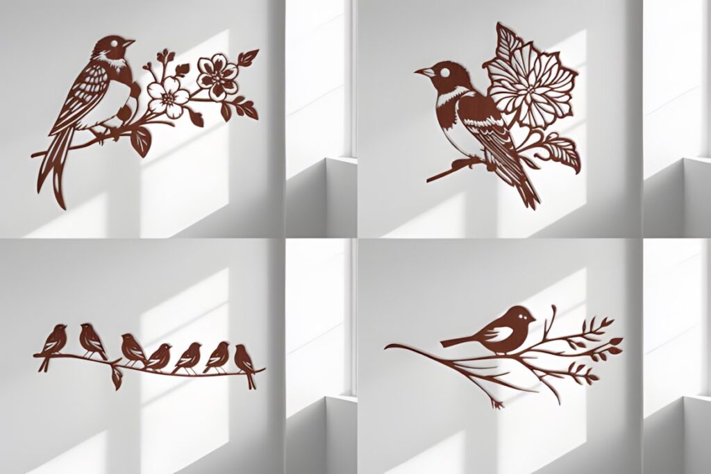 47 Laser Cut Wall Art Ideas for Stylish Home Interiors 58 Laser cut wall art ideas featuring birds and floral designs in brown metal on white walls