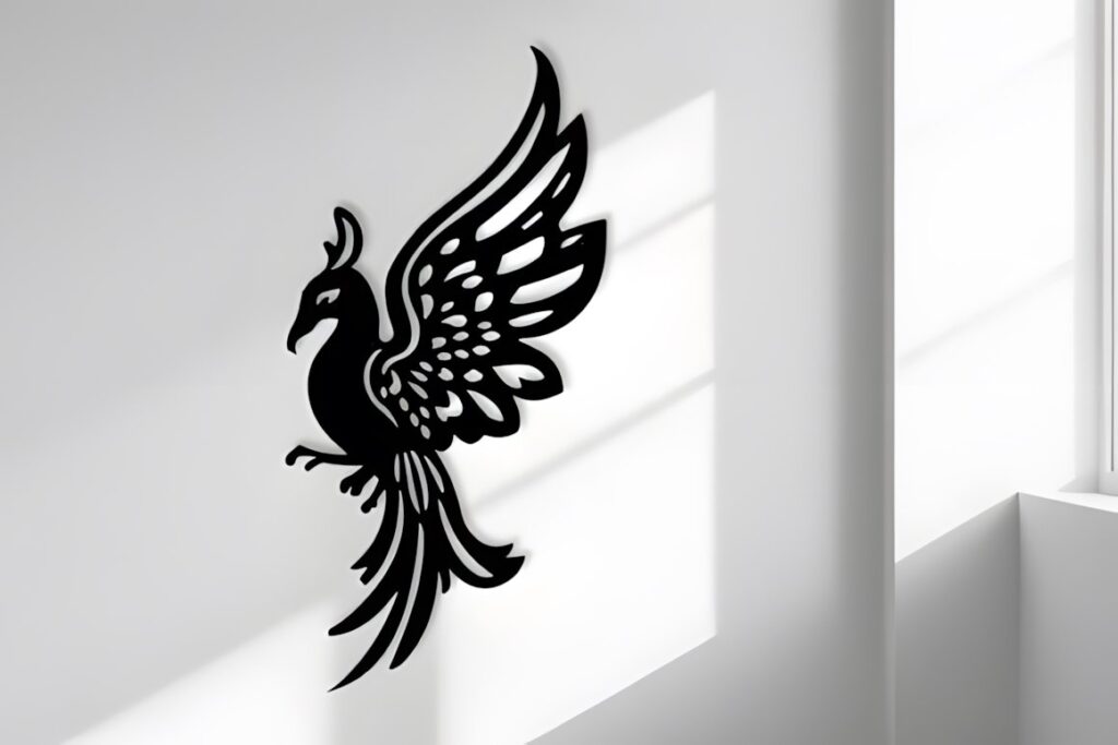 27 Laser Cut Wood Wall Art Ideas for Modern Home Decor 41 Black laser cut wood wall art of a stylized bird with detailed wings mounted on a white wall — laser cut wood wall art ideas