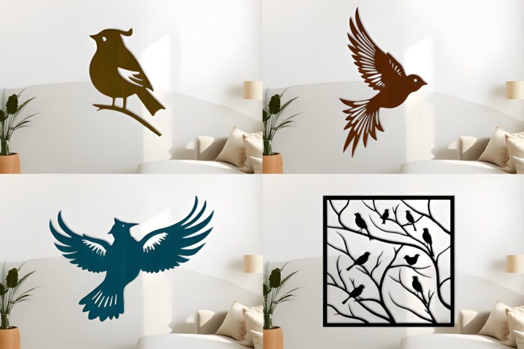 27 Laser Cut Wood Wall Art Ideas for Modern Home Decor 42 Laser cut wood wall art ideas featuring bird silhouettes in various poses and a tree branch design in a modern living room