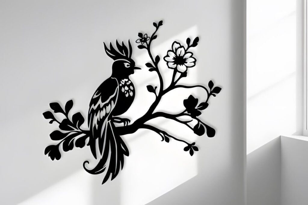 27 Laser Cut Wood Wall Art Ideas for Modern Home Decor 43 Laser cut wood wall art ideas featuring a black bird perched on a flowering branch silhouette mounted on a white wall