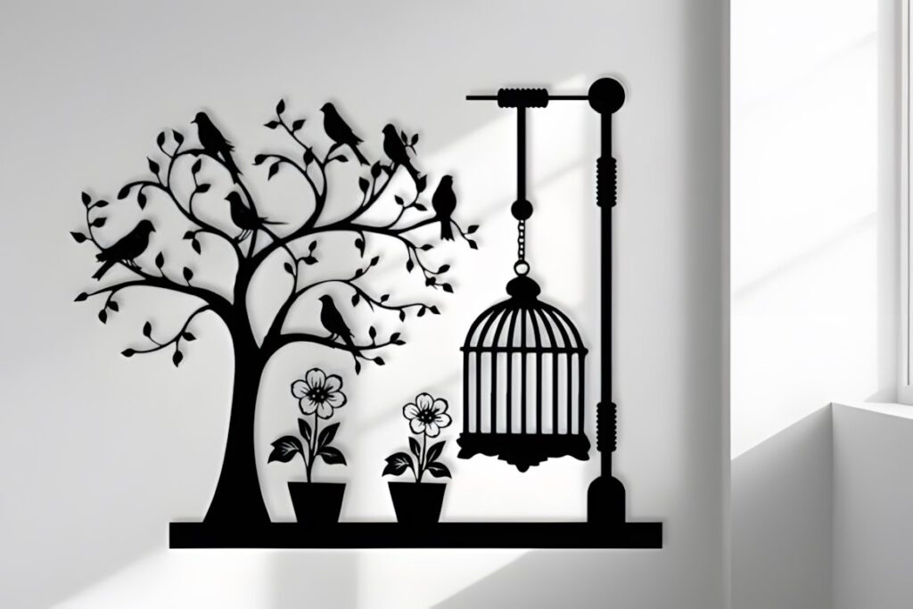 27 Laser Cut Wood Wall Art Ideas for Modern Home Decor 45 laser cut wood wall art ideas showing birds perched on a tree with hanging birdcage and potted flowers in black silhouette