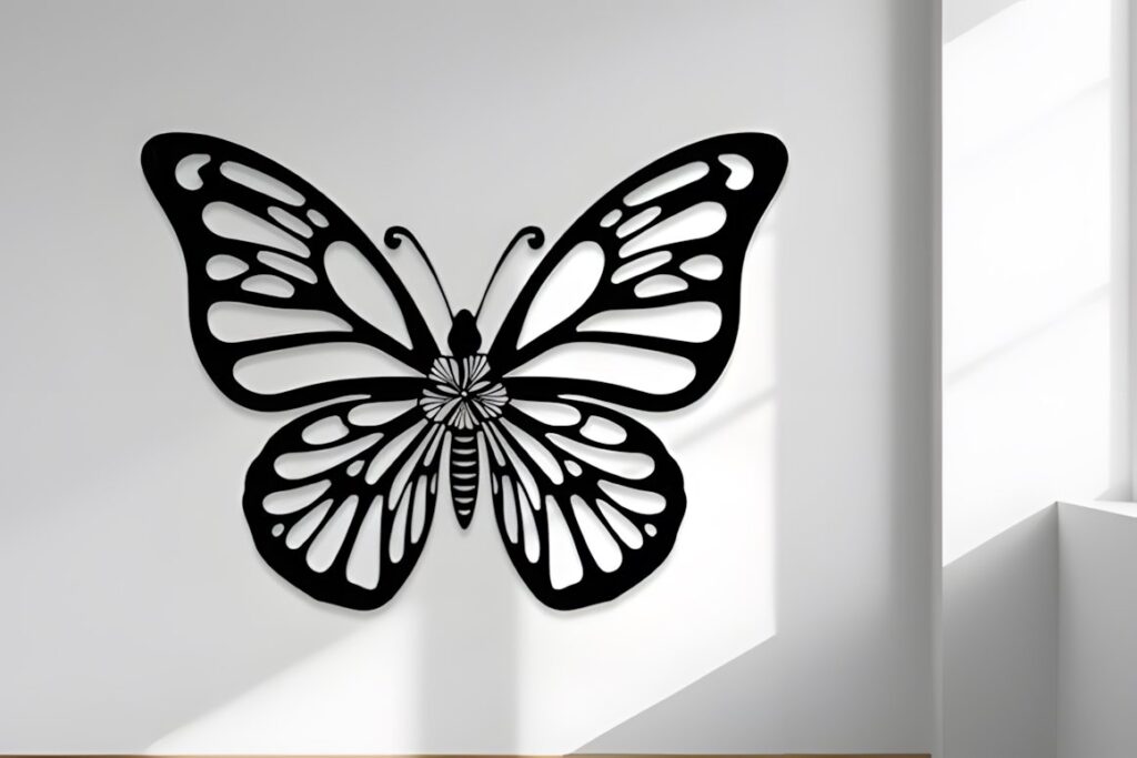 47 Laser Cut Wall Art Ideas for Stylish Home Interiors 61 Black laser cut wall art butterfly with decorative cut details on white wall — laser cut wall art ideas