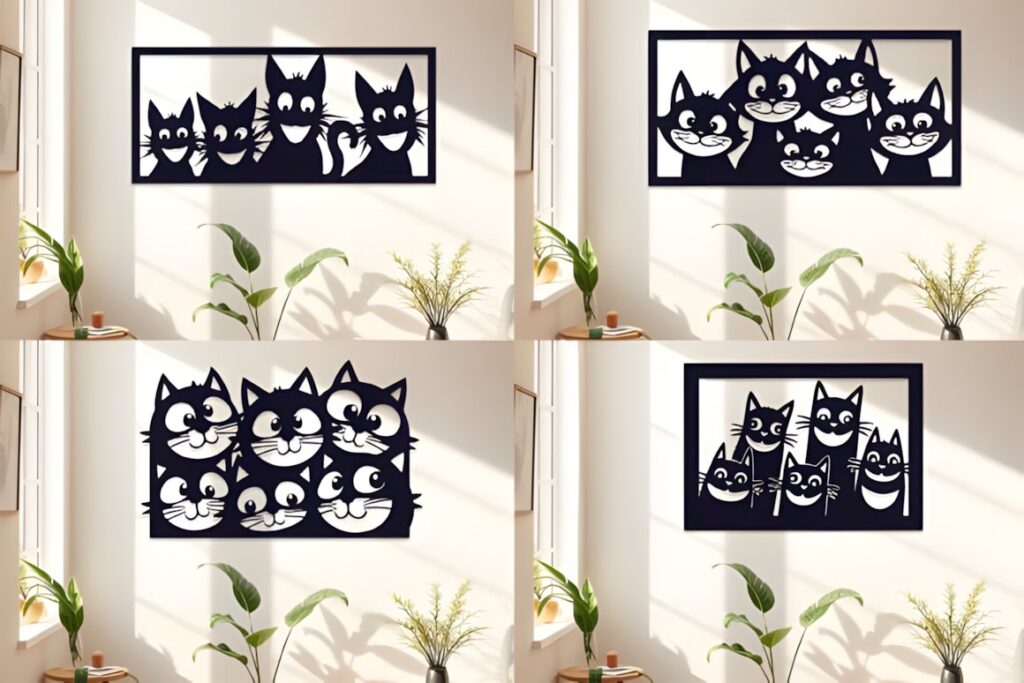 47 Laser Cut Wall Art Ideas for Stylish Home Interiors 55 Laser cut wall art ideas featuring four different black cat-themed designs displayed on a light wall above plants