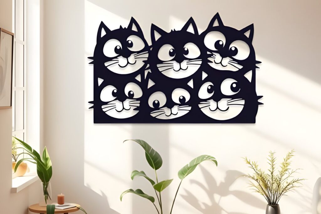 47 Laser Cut Wall Art Ideas for Stylish Home Interiors 56 Laser cut wall art ideas featuring a black cat-themed design with six cartoon-style cat faces on a white wall