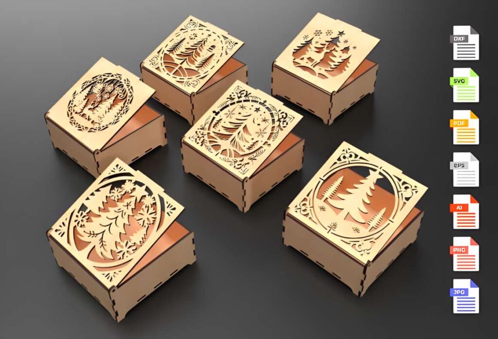 Laser Cut Christmas Box 3D laser cut files showing six wooden Christmas boxes with intricate tree and ornament designs