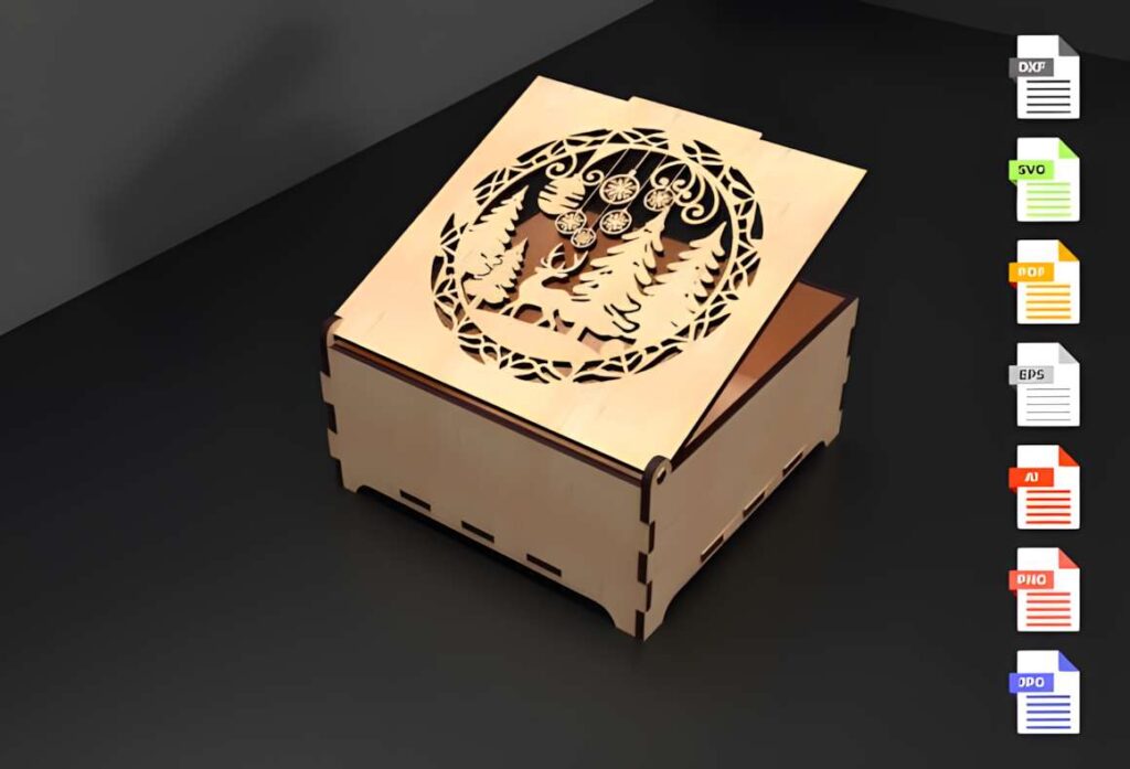 Laser Cut Christmas Box Poster 4 3D laser cut files for a wooden Christmas box with intricate tree and ornament design on lid
