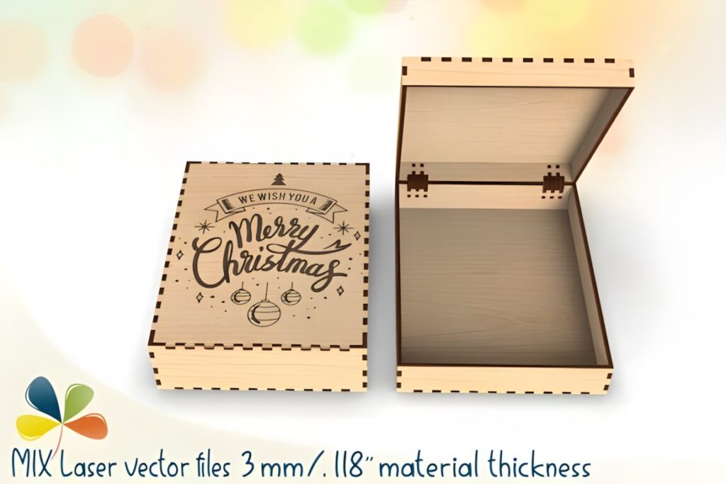 54 Christmas Laser Cut Files for Festive Laser Projects 80 Christmas Laser Cut Files hinged wooden box with engraved Merry Christmas text and holiday ornaments